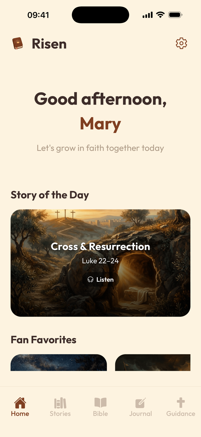 Risen home screen with the story of the day